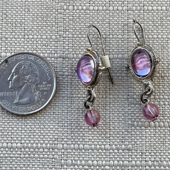 Vintage Earring Silver Tone Purple Faux Stone Drop Down Earring Jewelry - Picture 4 of 9